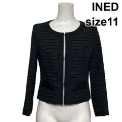 ◇ イネド INED ノーカラージャケット 長袖 ショート丈 シャーリングボーダー フリンジ 黒 ブラック 11 L 11号 レディース S6C500