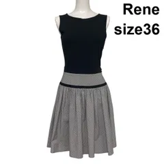 ◇ ルネ Rene ドッキングデザインワンピース ノースリーブ 膝丈 異素材 ギンガムチェック 黒 白 モノトーン 36 S 7号 レディース S6C501