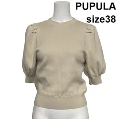 ◇ ププラ PUPULA パフスリーブ 半袖ニット プルオーバー クルーネック リブ ライトベージュ コットン シルク 38 M 9号 レディース S6C494のサムネイル