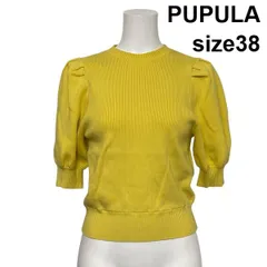 ◇ ププラ PUPULA パフスリーブ 半袖ニット プルオーバー クルーネック リブ編み 黄色 コットン シルク 38 M 9号 レディース S6C495のサムネイル