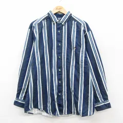 XL/古着 長袖 シャツ メンズ ロング丈 コットン ボタンダウン 紺他 ストライプ 26feb09
