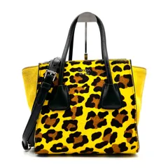 【良品】プラダ PRADA ハンドバッグ ショルダーバッグ 2way カバリーノ レオパード ヒョウ柄 ハラコ レザー イエロー 黄色 ブラック 黒 三角ロゴ プレート 斜め掛け 肩掛け 希少 激レア 春物 1点物 お出かけ
