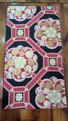 黒地にピンクと金やえんじ色の梅やライン柄の袋帯♪