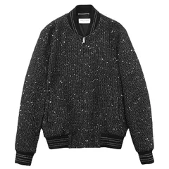 【極美品】SAINT LAURENT PARIS サンローランパリ ブルゾン テディボンバー サイズ 46 メンズ 2019年製 ロゴ ラメスパンコール ジャケット スタジャン バーシティ ツイード アウター ブラック シルバー 黒 銀色 イタリア製のサムネイル