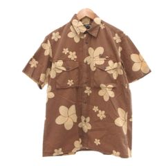 ステューシー STUSSY 半袖シャツ S レギュラーカラー フラワープリント 総柄 ブラウン ベージュ /SX ■GY12