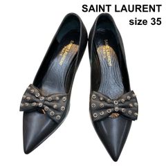 이브산 로랑 Yves Saint Laurent 펌프스 스터드 포함 리본 포인티드 투 블랙 가죽 가죽 35 22cm 전후 여성 Z6B640