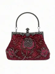 バッグ レディース ドレスバッグ ボルドーローズ 刺繍 ビーズ スパンコール 彫刻 ラインストーン メタルつる柄デザイン 1920年代 ヴィンテージラグジュアリー エレガントなイブニングクラッチバッグ 1個、女性の