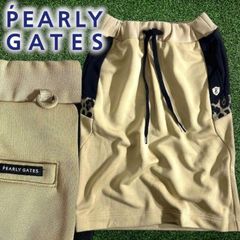 PEARLY GATES パーリーゲイツ ゴルフ 日本製 ハイスペック裏毛 切替 レオパード柄 ストレッチ ひざ丈 スカート ゴルフウェア レディース 055-2234022 定価2.9万 ベージュ ブラック ▲033▼50217w07