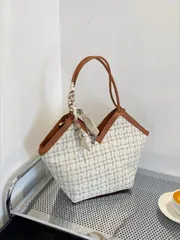 バッグ レディース トートバッグ リボン装飾 軽量 ポータブル カジュアル チェック柄 細身スカーフ装飾 ツイードショルダートートバッグ ガールズ レディース 大学生  秋冬必需品 仕事 オフィス 通勤 秋冬 アウ