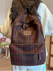 バッグ レディース バックパック レター カラーブロック レディース 機能的リュック、英国レトロチェック柄ウール小型リュック、カジュアルブックバッグ、学生鞄、ペンダントなし