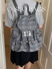 バッグ レディース バックパック 1個 ファッショナブルなチェック柄 多ポケット ナイロンカジュアルバックパック、防水 軽量 折りたたみ式 巾着 パッチロゴ トラベルバッグ