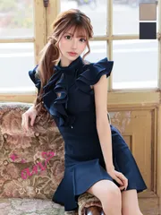 ネイビーAOC4058【an /アン】ショルダーフリル/ プチハイネック/ バストジップ/ フレンチスリーブ/ プリーツ/ リボン/ ストレッチ/ フレア/ Aライン/ ミニドレス/ キャバドレス