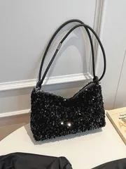 バッグ レディース トートバッグ 1個 ブラックスパンコール スムーズジッパー ファッション 多用途 カジュアル 無地 新作秋冬 ユニークなショルダーバッグ、女性の日常使いに適しています