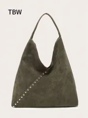 バッグ レディース ショルダーバッグ 1個 レディース ショルダートートバッグ&ハンドバッグ、ミリタリーグリーンスエードレザー、リベット装飾、ヴィンテージ多用途通勤スタイル、秋冬のお出かけに適しています