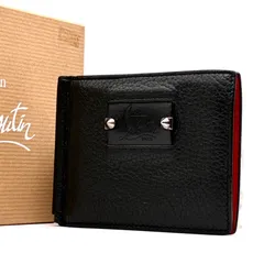 【美品】クリスチャン ルブタン Christian Louboutin マネークリップ 二つ折り財布 札入れ カシオス プレート スタッズ レザー 本革 ブラック レッド 黒 赤 メンズ コンパクトウォレット スリム ギフト プレゼント