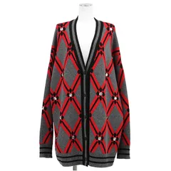 Miu Miu ミュウ ミュウ ニット カーディガン サイズ 44 レディース 2018年製 バージンウール100% ジャガード ミドルゲージ アーガイル ラインストーン 長袖 トップス グレー レッド 灰色 赤 イタリア製のサムネイル