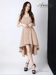 ベージュON3057【ANDY/アンディ】フロントボタン/ ワンカラー/ ベア/ テールカット/ Aライン/ ミモレ丈/ フレア/ ワンピース/ ミディアムドレス/ キャバドレス