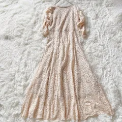 総レース ロングワンピース フレアスカート マキシ丈 ピンクベージュ系  オケージョンドレス 5分袖 結婚式 パーティ 食事会 二次会