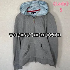 TOMMY HILFIGER フルジップパーカー グレー ストライプフード ロゴジップ 切替デザイン
