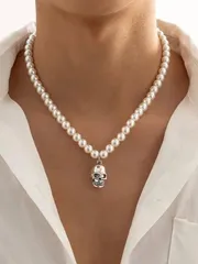 ジュエリー メンズ ネックレス 1個 ポーセリン ホワイトガラス フェイクパール ビーズ ヴィンテージ メタルスカルヘッド ネックレス、男性の日常着用に適しています