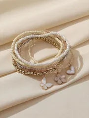 ジュエリー レディース ブレスレット セット 9個入り ボヘミアン調 手作り ビーズ マルチレイヤー ブレスレットセット ハート&バタフライデコレーション、女性のY2Kビーチドレスのアクセサリーに最適。注:染色ロッ