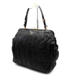 【良品】プラダ PRADA がま口 ハンドバッグ トートバッグ ギャザー シャーリング ナッパレザー ブラック NERO 黒 ゴールド金具 ロゴ 白タグあり 希少 レア ヴィンテージ フレームバッグ レディース
