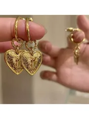 ジュエリー レディース イヤーアクセサリー 1ペア ヨーロピアンスタイル ハート型 金メッキ ヘビーメタル ダングルピアス、ファッションストリートフォト女性秋バレンタイン、母の日のギフトに最適