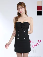 ブラックAOC4040【an /アン】ベア/ バストギャザー/ サイドスリット/ ビジューボタン/ ワンカラー/ タイト/ ミニドレス/ キャバドレス