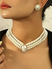 ジュエリー レディース セット ヴィンテージ 高級フランススタイルネックレスとイヤリングの1セット ウェディングシーズンにぴったりの人工パール、ラインストーン