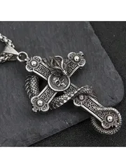 ジュエリー メンズ ネックレス 男性用 ステンレス鋼 輪郭:ドラゴンとクロス ペンダント ネックレス