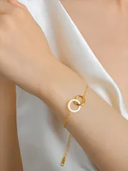 ジュエリー レディース ブレスレット 18Kゴールドメッキ重ね付けブレスレット、精巧なヘリンボーン柄、エレガントな人工真珠オーバルチェーン、かわいいビーズブレスレット、女性と女の子に適しています、二重幾何学リングチ