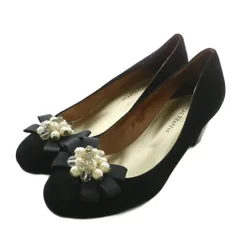 オリエンタルトラフィック ORIENTAL TRAFFIC パンプス レザー フェイクパール ラウンドトゥ ヒール ラインストーン リボン 37 23.5cm 黒 ブラック /XZ ■GY11