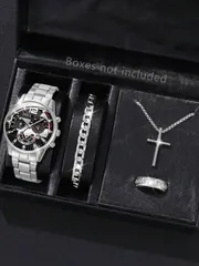 腕時計 メンズ セット 4点セット メンズ シルバー ステンレススチールバンド ファッション カジュアル ビジネス  パーソナライズ カレンダーダイヤル クォーツ 腕時計 ブレスレット クロスネックレス リング セ