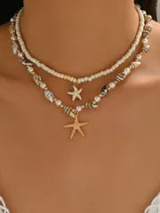 ジュエリー レディース ネックレス ハンドメイド 自然な貝殻とゴールドのヒトデペンダントネックレス2点セット、ボヘミアンスタイル ビーズチェーンジュエリー、女性のビーチパーティーや日常着に最適。貝殻のパターンとサイ