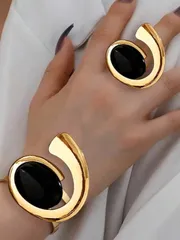 ジュエリー レディース セット 1セット トレンディな誇張されたメタルインレイパール ハーフカフブレスレット リング ジュエリーミニギフトボックス - ホリデーギフト