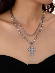 ジュエリー レディース ネックレス セット 2個セット シルバークロス&ハート型メタルチェーンネックレス、レイヤードネックレス レディース用