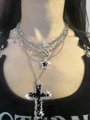 ジュエリー レディース ネックレス 3点セット: ファッショナブルなラインストーン二重層流星スター重ね付けネックレス、ヴィンテージラインストーンペンタグラムクロスペンダントチョーカーネックレス(女性用)