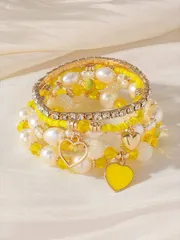 ジュエリー レディース ブレスレット セット 真珠とクリスタルビーズのブレスレット5点セット、レディース用スタイリッシュなレイヤードブレスレットセット