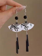 ジュエリー レディース イヤーアクセサリー 1ペア 中国風シルバーの扇子&パールピアス、ヴィンテージ中空扇形のかわいいピアス レディース用