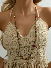 ジュエリー レディース ネックレス 1個 ボヘミアン調 ビンテージ 多用途 ティアドロップ、葉&木製ビーズ飾り ロングネックレス、ビーチ、パーティーウェアに適しています