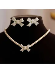 ジュエリー レディース セット パール リボン ペンダントネックレス&ピアスセット 3点、ファッショナブルなニッチデザインの多用途ジュエリー、レディース用