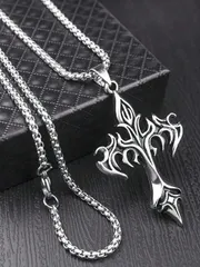 ジュエリー メンズ ネックレス 1個 2025年 イースター ゴシッククロスペンダントネックレス、ユニークなデザイン ステンレススチール ネックレスジュエリーギフト、ユニセックスでバーサタイルな長いステンレススチー