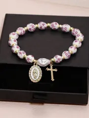 ジュエリー レディース ブレスレット 1個 エレガントなセラミックブレスレット、ゴールドビーズと偽バロック真珠で作られ、ステンレススチールのマリア像ペンダント付き、贈り物/クリスチャンジュエリー/宗教的な贈り物に最