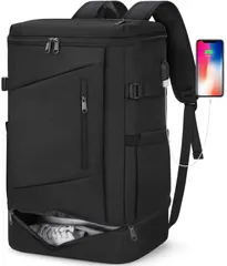 [RAINSMORE] リュック メンズ ビジネスリュック 大容量 YKKジッパー スクエア バックパック シューズ入れ 撥水 防水 15.6インチ PC USB充電ポート付き アウトドア 登山 旅行 通勤 靴 弁当収納 ブラック グレー