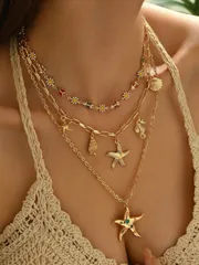 ジュエリー レディース ネックレス セット 3個セット ボヘミアン風 カラフル クリスタル バタフライ、デイジー、海洋生物ペンダントネックレス、カラフルなクリスタル埋め込み、非対称のヒトデのデコレーション、レディー
