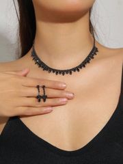 Ladies' Jewelry Set: Women's Rhinestone Jewelry Set, Black Necklace + Earrings, Elegant and Fashionable, Minimalist and Versatile, Best Accessory for Weddings, Parties, Galas, Holidays, etc.