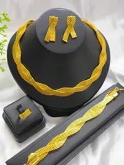 ジュエリー レディース セット 女性用 金メッキロープジュエリーセット 4点: ネックレス、ピアス、リング、ブレスレット サウジアラビア、中東、ドバイ、ヨーロッパ、アフリカ、花嫁、結婚式、バンケット、デート、ドレス