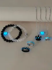 ジュエリー レディース セット 蓄光カップル/友情クラウンステンレススチールチェーンネックレス、ブレスレット、リングジュエリーセット6個入り、カジュアルなカップルアクセサリー、デイリーウェアやバレンタインデーのギフ