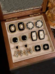 ジュエリー レディース イヤーアクセサリー セット 6個セット レトロフレンチ調 六角形、パール、ハート型クリスタル、リボンの結び目、フラワースタッドピアス、ファッショナブルでミニマルなデザイン、毎日の装いや休日の