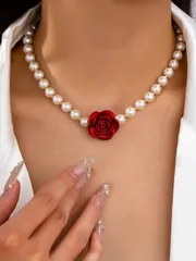 ジュエリー レディース ネックレス 女性用 赤いバラ ペンダント パールネックレス、ラグジュアリーなヴィンテージチョーカーネックレス、誇張されたヨーロッパ・アメリカンファッションアクセサリー